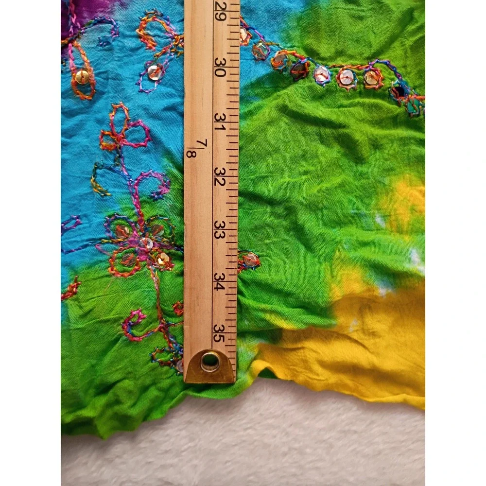 Boho Rainbow Tie Dye Smocked Sequin Embroidered Maxi Skirt Festival Dress NWOT